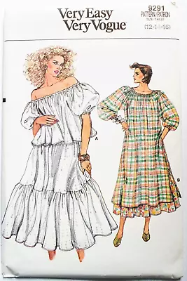 Vintage 1980s Vogue 9291 Peasant Dress Top Skirt Pattern Size 12 - 16 Uncut • $16.99