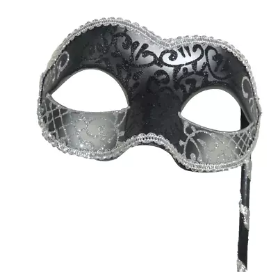 Black & Silver Venetian Masquerade Party Carnival Ball Eye Mask On A Stick • £13.99