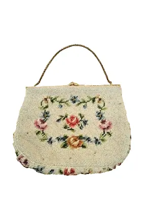 Vintage FLORAL NEEDLEPOINT PURSE Pearls Clasp Kiss Lock Gold Chain Christine  • $17.99