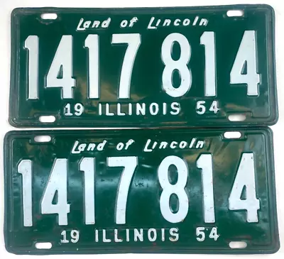 Vintage Illinois 1954 License Plate Set 1417 814 Man Cave Wall Decor Collector • £43.32