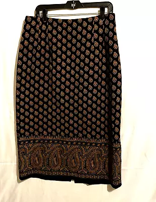 VTG Womens Maxi Skirt 16 Petite Paisley Print Black Goldtone Medallions BRIGGS • $9.80