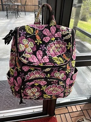 Vera Bradley Double Zip Quilted Backpack Book Bag In Black & Pink Floral Pattern • $28