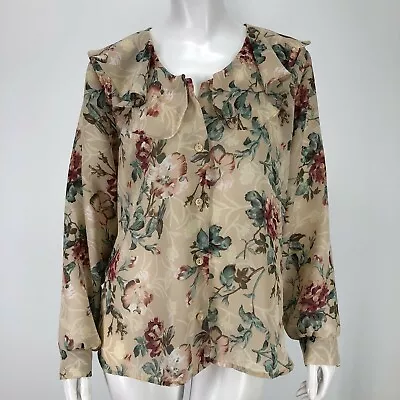 Vintage Floral Shirt Womens Large Ruffle Neck Bohemian Cottagecore Artsy Boho L • $10.19