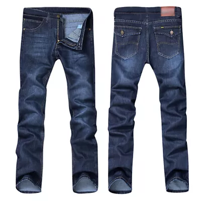 Mens Blue Denim Jeans Straight Leg Casual Work Cotton Hip Hop Pants Trousers • $24.29