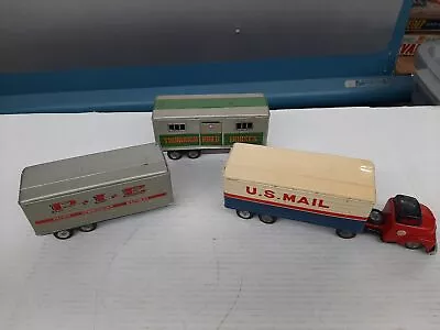 1950s Japan SSS Tin Friction Tractor 3 Trailer Set P.I.E-U.S. Mail-Horses UP 2 • $149.88