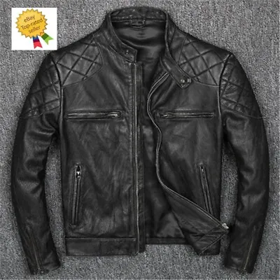 Men's Genuine Biker Leather Jacket Motorcycle Black Cafe Racer Sheep Leather • $107.99