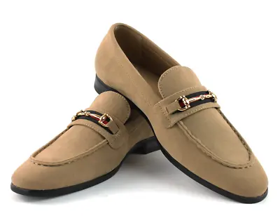 Men's Tan Suede  Slip On Gold Buckle Dress Shoes Loafers Formal By AZARMAN • $38.99