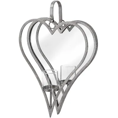 Candle Holder Antique Silver Mirrored Heart Wall Sconce • £49.51