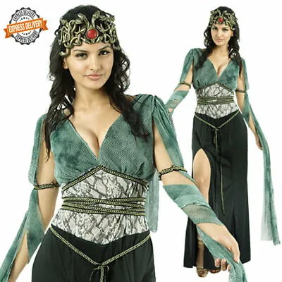 Medusa Evil Witch Halloween Costume Green Greek Goddess Serpent Dress Temptress • £40.63