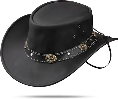 $31.99 • Buy Men's Black Genuine Leather Cowboy Western Hat 
