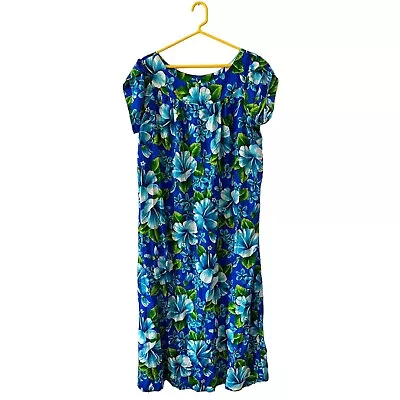 Vintage Hawaiian MuuMuu Maxi Dress One Size Bright Blue Floral Print • $38