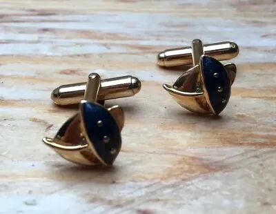 Vintage Enamel Yacht Boat Cufflinks/Kitsch/Nautical/Gold Tone/80’s/Retro • $14.93