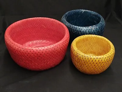 Lot Of 3 Nesting Bambu Bowls / Baskets Red Yellow Blue 2007 Woven Bamboo Vietnam • $35.99