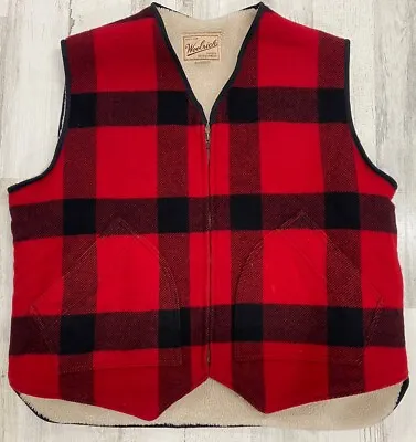 Vintage Woolrich Vest Mens XL Red Plaid  90S Sherpa Lined Wool Flannel USA Made • $40