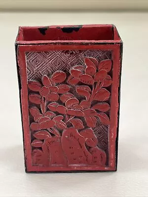 Vintage Red Enamel Chinese Match Box Holder  Case Enamel Floral On Metal • $29.95