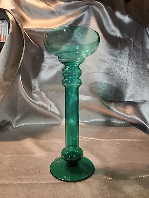Tall Candle Stick Flash Green Glass Art Vintage 7.75 In • $8