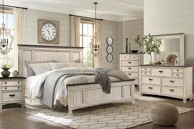 NEW Two-Tone White Queen King 5PC Rustic Bedroom Modern Furniture Set B/D/M/N/C • $1729.99