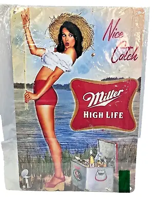 Miller High Life Beer Metal Repro Sign Pin Up Poster Nice Catch Man Cave Fishing • $12.32