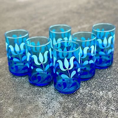 Vintage Libbey MCM Blue Flowers Floral Ombre Teal Glasses Tumbler Glass Set Of 6 • $25.95