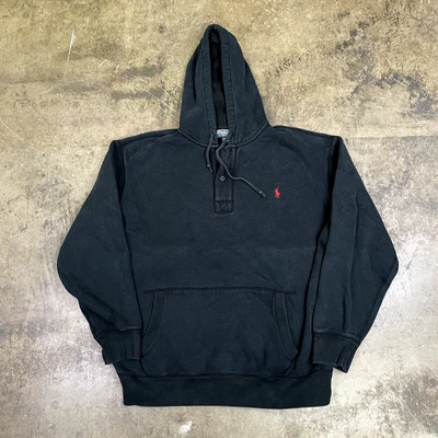 £35 • Buy Ralph Lauren Polo Hoodie Vintage Henley Hooded Sweatshirt, Black, Mens 2XLT