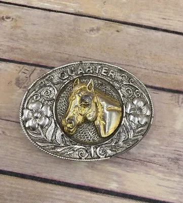 Vintage Floral Silvertone Goldtone QUARTER HORSE Decorative Belt Buckle • $40.45