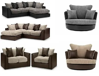 £369 • Buy Byron Fabric Leather Jumbo Sofa Corner Suite 3 2 Seater Black Grey Brown Beige 