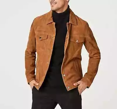 Men Brown Suede Trucker Shirt Brown Suede Leather Western Jacket NFS-919 • £95.48