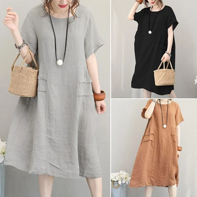 $25.03 • Buy ZANZEA Womens Short Sleeve Cotton Linen Casual Knee Length Oversized Maxi Dress