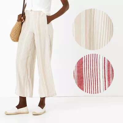 £7.95 • Buy Ex M&S Linen Striped Wide Leg Trousers Red Natural Size 6 - 24