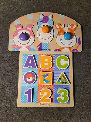 Melissa & Doug Wooden Lot Of 2 Peg Puzzle Set Letters Numbers Shapes Animals E5 • $11.24