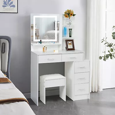 Vanity Table Set LED Lights Mirror 5 Drawer Dresser Desk Bedroom Makeup Dressing • $173.86