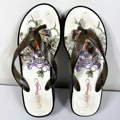 Ed Hardy Sandals Womens 5 Golden Rose Of Love Casual Wedge Flip Flops Brown • $13.99