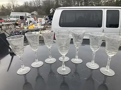 Vtg 1940s Set Of 8 Etched Crystal Floral Wheat Wine Water Glasses Stemware 6.75” • $45