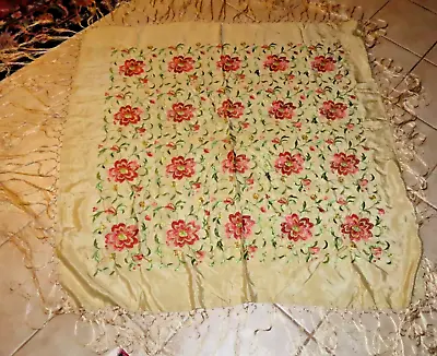 Antique 1920s Yellow Silk Floral Embroidery Large Square Piano Fringe Shawl • $125