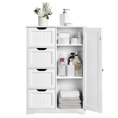 $87.99 • Buy Bathroom Floor Cabinet W/ 4 Storage Drawers And Cupboard Unit Hallway Cabinet
