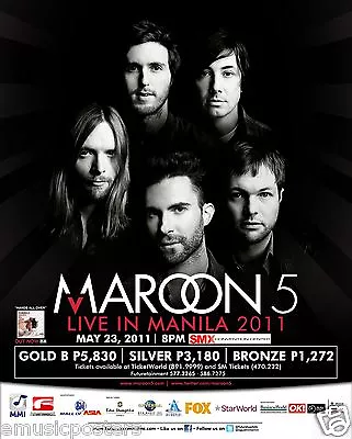 MAROON 5  LIVE IN MANILA 2011  PHILIPPINES CONCERT TOUR POSTER - Pop Rock Music • $15.96