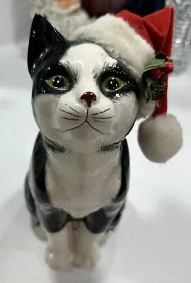 ENESCO VTG  1987 Green-eyed Tuxedo Cat Santa Hat Christmas Ceramic Figurine 9in. • $20
