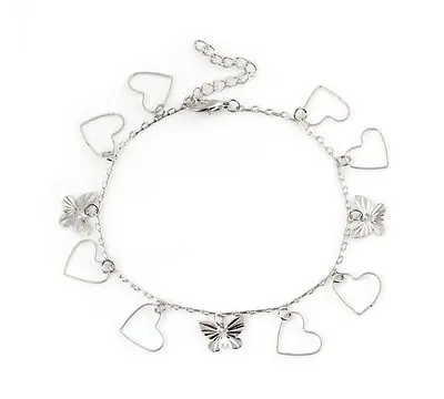 9K 9ct White Gold Plated Hearts ANKLE CHAIN ANKLET ADJUSTABLE 10.5  Gift • £7.99