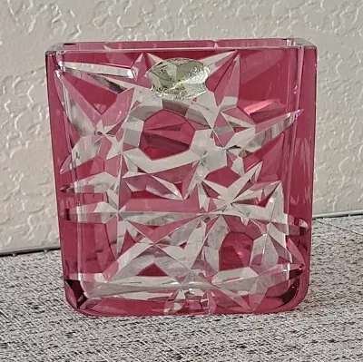 VAL SAINT LAMBERT Crystal Cranberry Cut Glass Square Vase  • $185