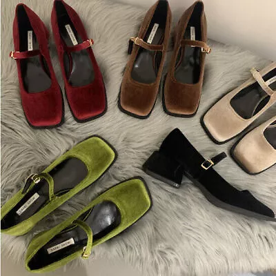 Retro Womens Mary Jane Casual Square Toe Shoes Velvet Comfort Mid Block Heels/ • £21.19