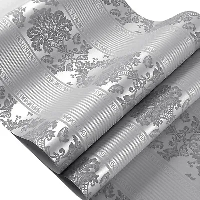 Silver Grey Damask Glitter Wallpaper Roll Embossed Non-Woven Textured Wall Decor • £10.45