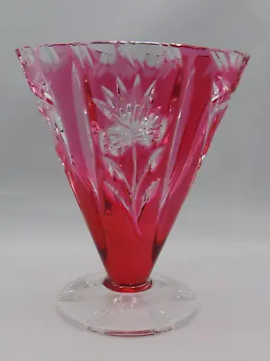 Antique Bohemian Cranberry Cut To Clear THISTLE Flower Art Deco Glass FAN VASE • $65