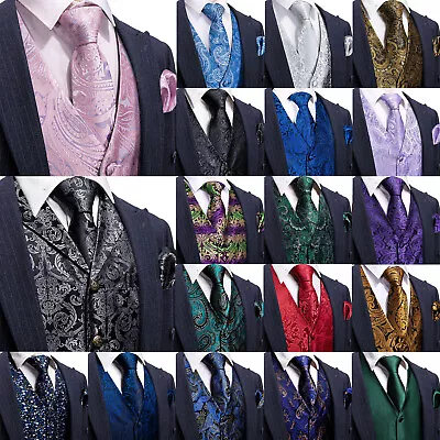 Barry Wang Mens Waistcoat Silk Paisley Floral Solid Vest Tie Set Wedding Casual • $18.99