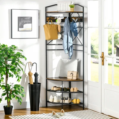 $91.99 • Buy Industrial Corner Hall Tree With Shoe Bench Entryway Coat Rack With 6 Hooks