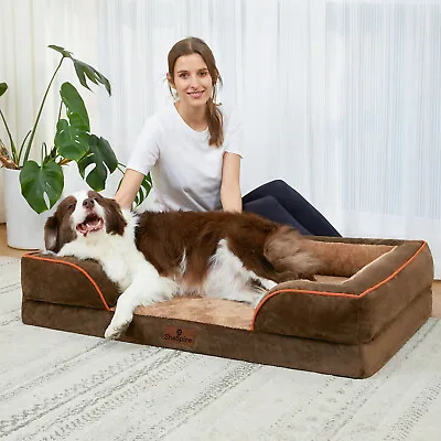 Brown Memory Foam Bolster Dog Bed For Large Dog -Orthopedic Pet Sofa With Cover • $32.99