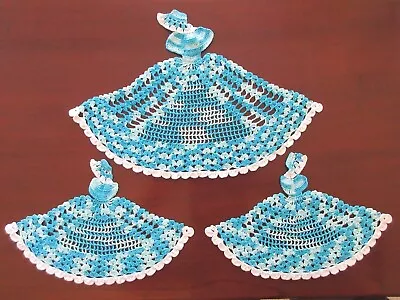 VINTAGE CRINOLINE LADY HAND CROCHETED 3 Piece DUCHESS SET  Blue With White Trim  • $23.96