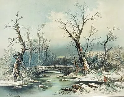 Winter Snowy Creek Stone Bridge By William Chandler Very Old Art • £16.34