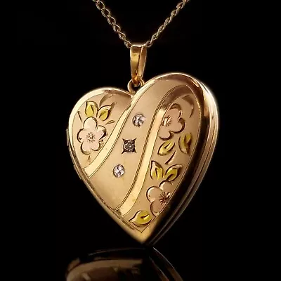 Vintage 14k Gold Filled Floral Etched Heart Shaped Locket 18.5 Inch Chain • $125