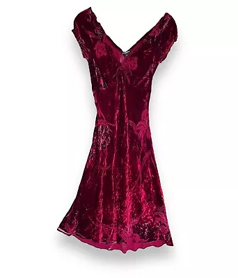 Betsey Johnson VTG Dress Y2k 2000s Floral Burnout Cranberry Red Silk Velvet Sz L • $129.95