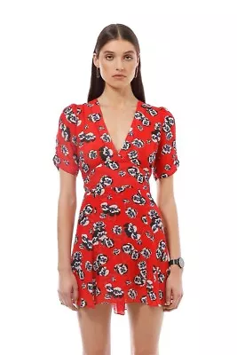 Realisation Par Ozzie Red Mini Dress Silk V-Neck Floral Flared Size L BRAND NEW • $229